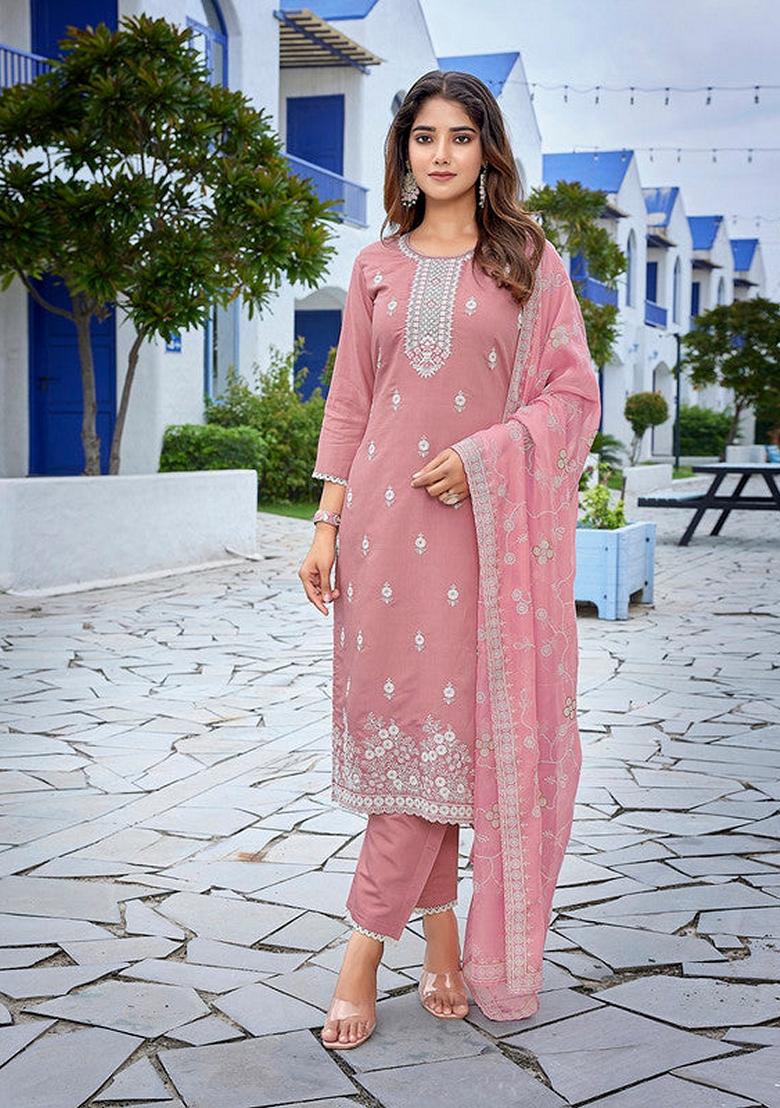 Mauve Pink Embroidered Chanderi Salwar Kameez With Dupatta