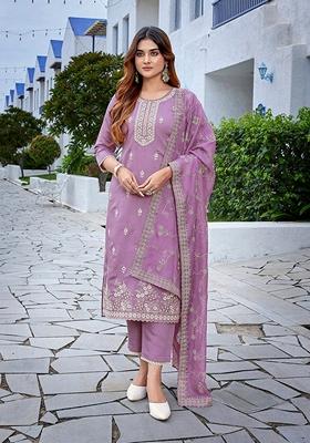 Purple Embroidered Chanderi Salwar Kameez With Dupatta