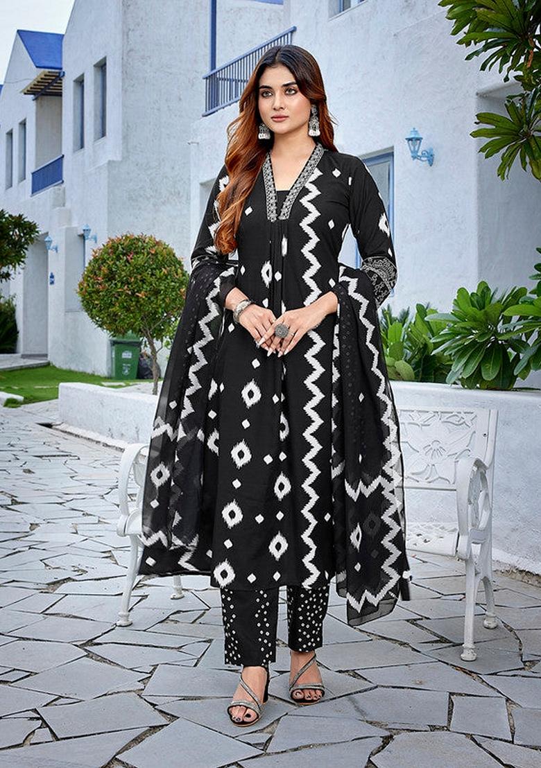 Black Embroidered Viscose Salwar Kameez With Dupatta