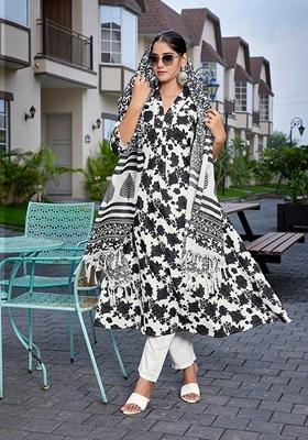 Black And White Printed Viscose Salwar Kameez With Dupatta