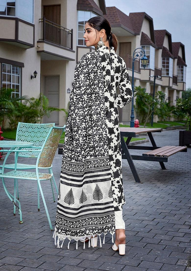 Black And White Printed Viscose Salwar Kameez With Dupatta