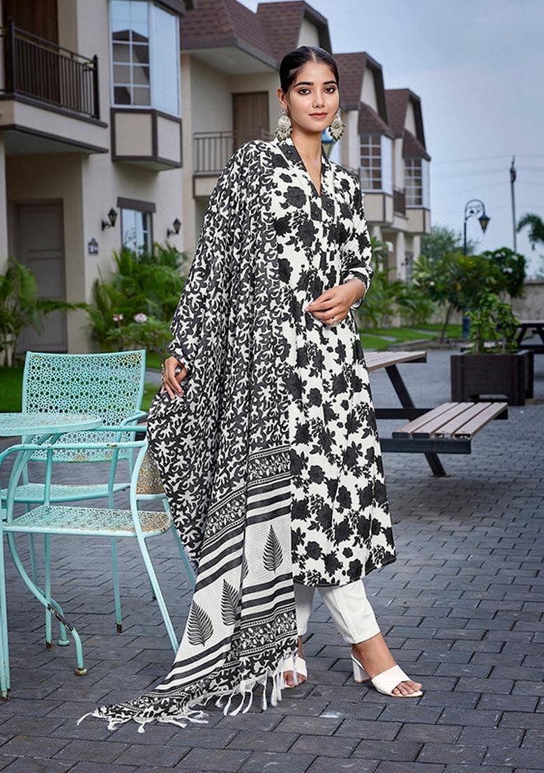 Black And White Printed Viscose Salwar Kameez With Dupatta
