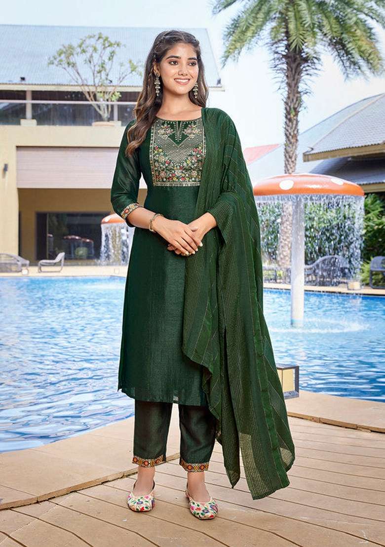 Bottle Green Embroidered Silk Blend Straight Kurta Set - Indya