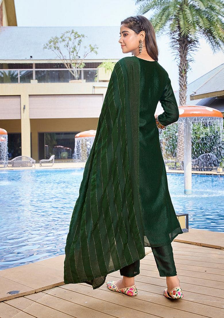 Bottle Green Solid Silk Blend Salwar Kameez With Dupatta