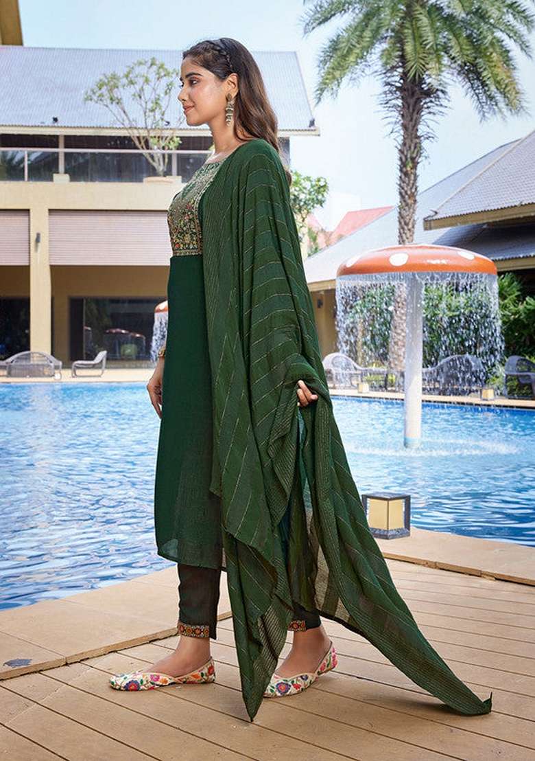 Bottle Green Embroidered Silk Blend Straight Kurta Set - Indya