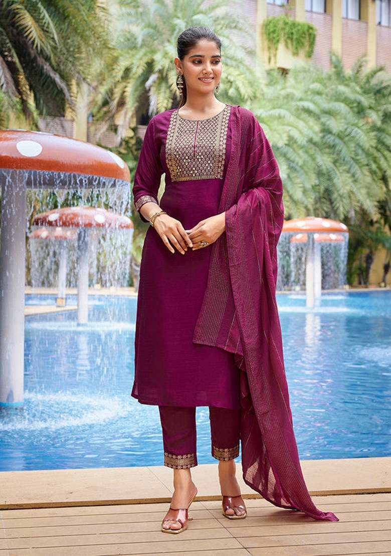 Purple Embroidered Silk Blend Straight Kurta Set - Indya
