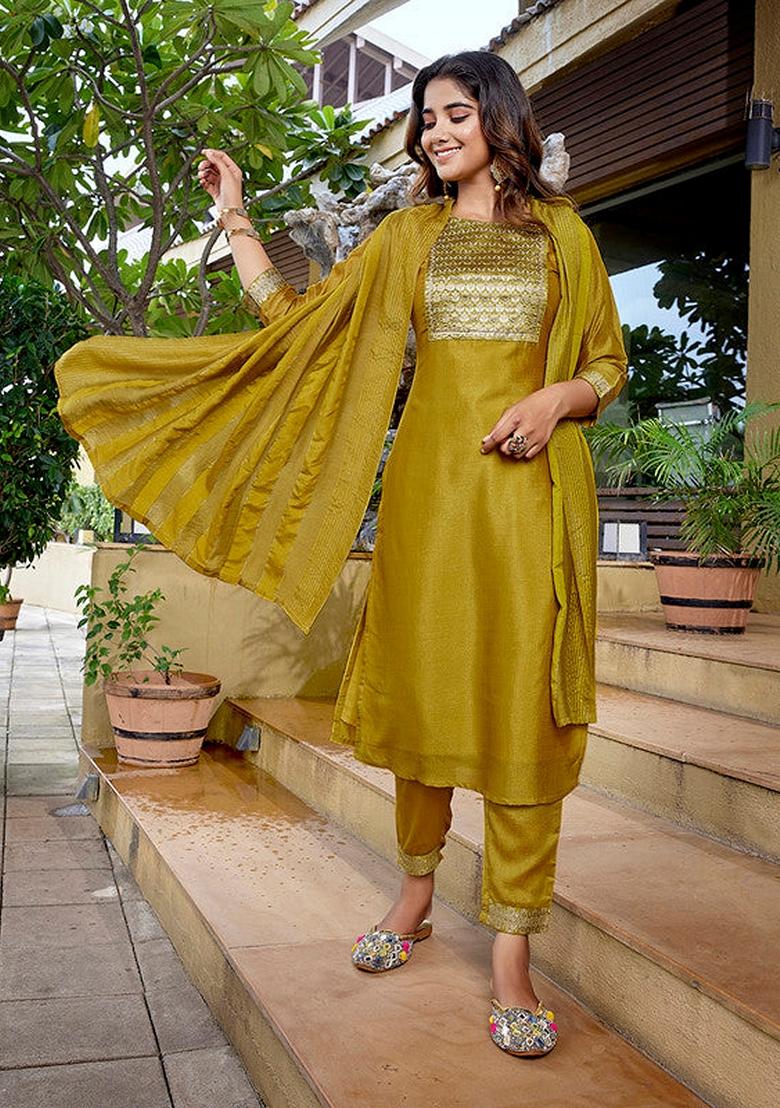 Mustard Yellow Solid Silk Blend Salwar Kameez With Dupatta