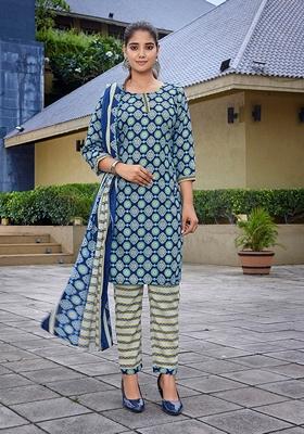 Blue Printed Cotton Blend Salwar Kameez With Dupatta