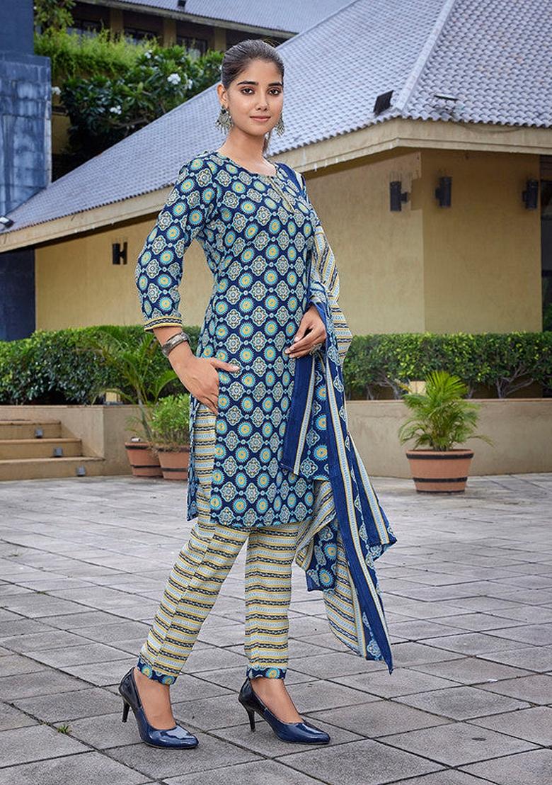 Blue Printed Cotton Blend Salwar Kameez With Dupatta