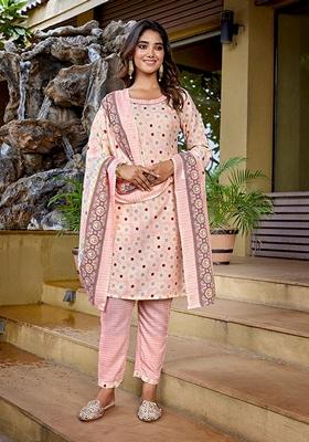 Baby Pink Printed Cotton Blend Salwar Kameez With Dupatta
