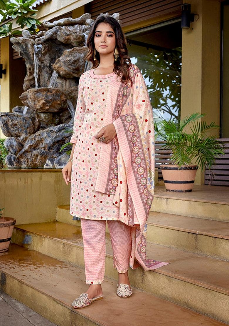 Baby Pink Printed Cotton Blend Salwar Kameez With Dupatta