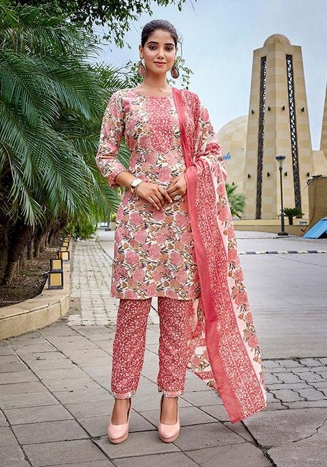 White & Pink Printed Cotton Blend Salwar Kameez With Dupatta