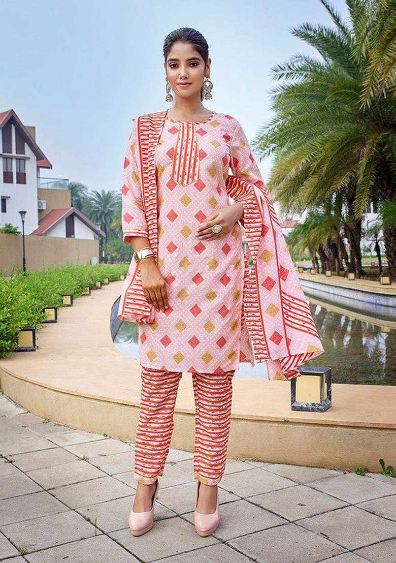 Pink Printed Cotton Straight Kurta Set - Indya