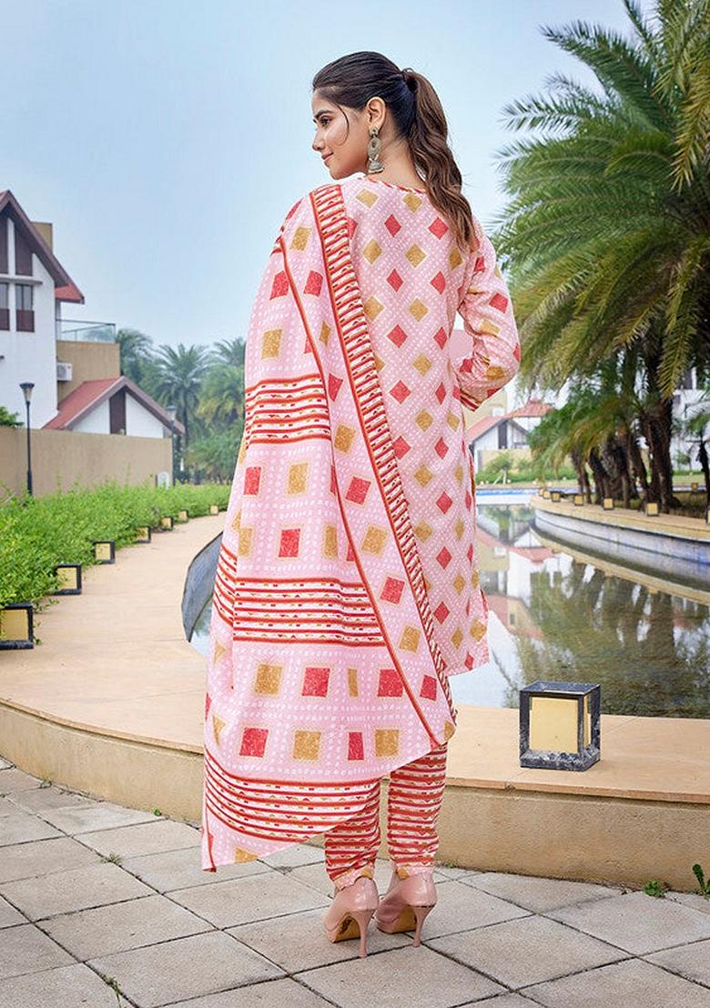 Pink Printed Cotton Blend Salwar Kameez With Dupatta