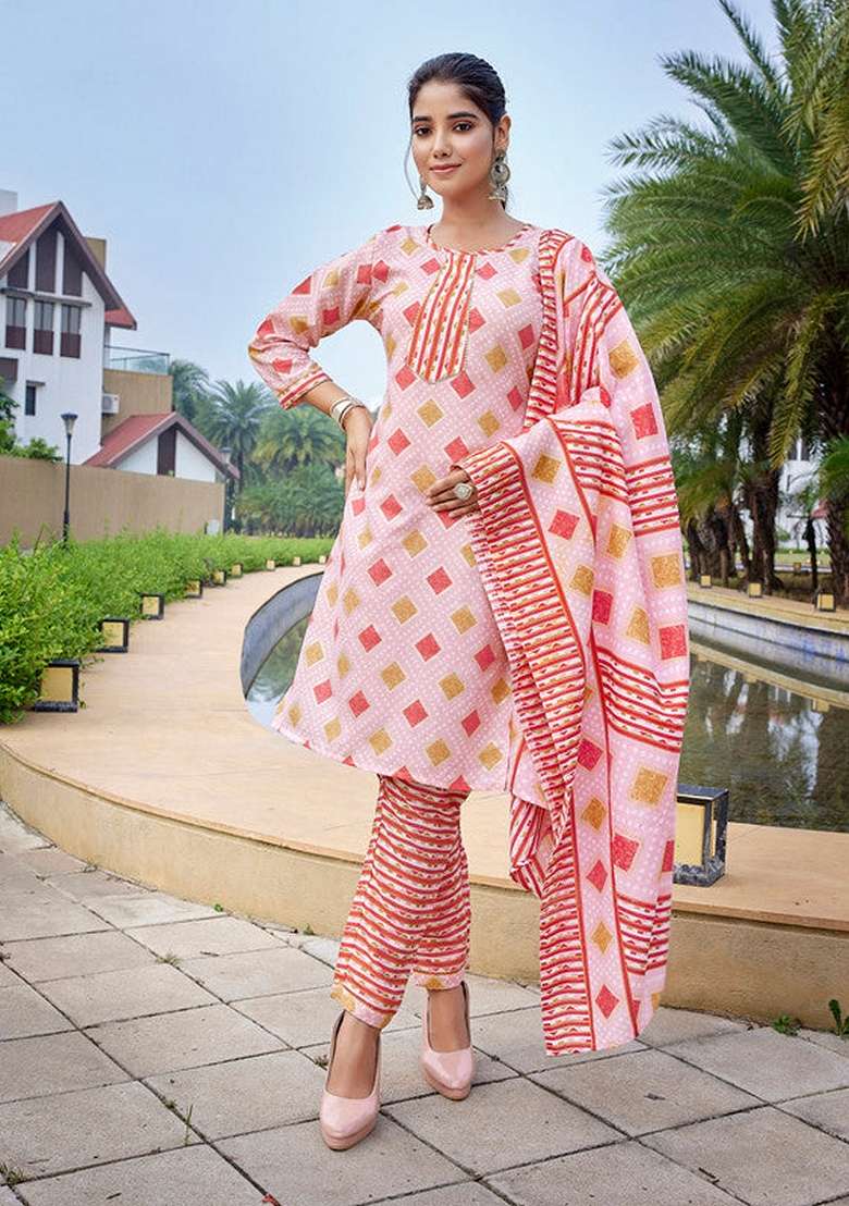 Pink Printed Cotton Straight Kurta Set - Indya