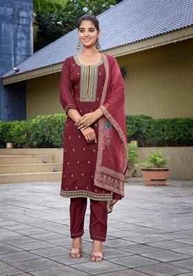Maroon Embroidered Chanderi Salwar Kameez With Dupatta
