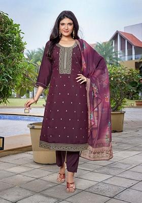 Wine Embroidered Chanderi Salwar Kameez With Dupatta