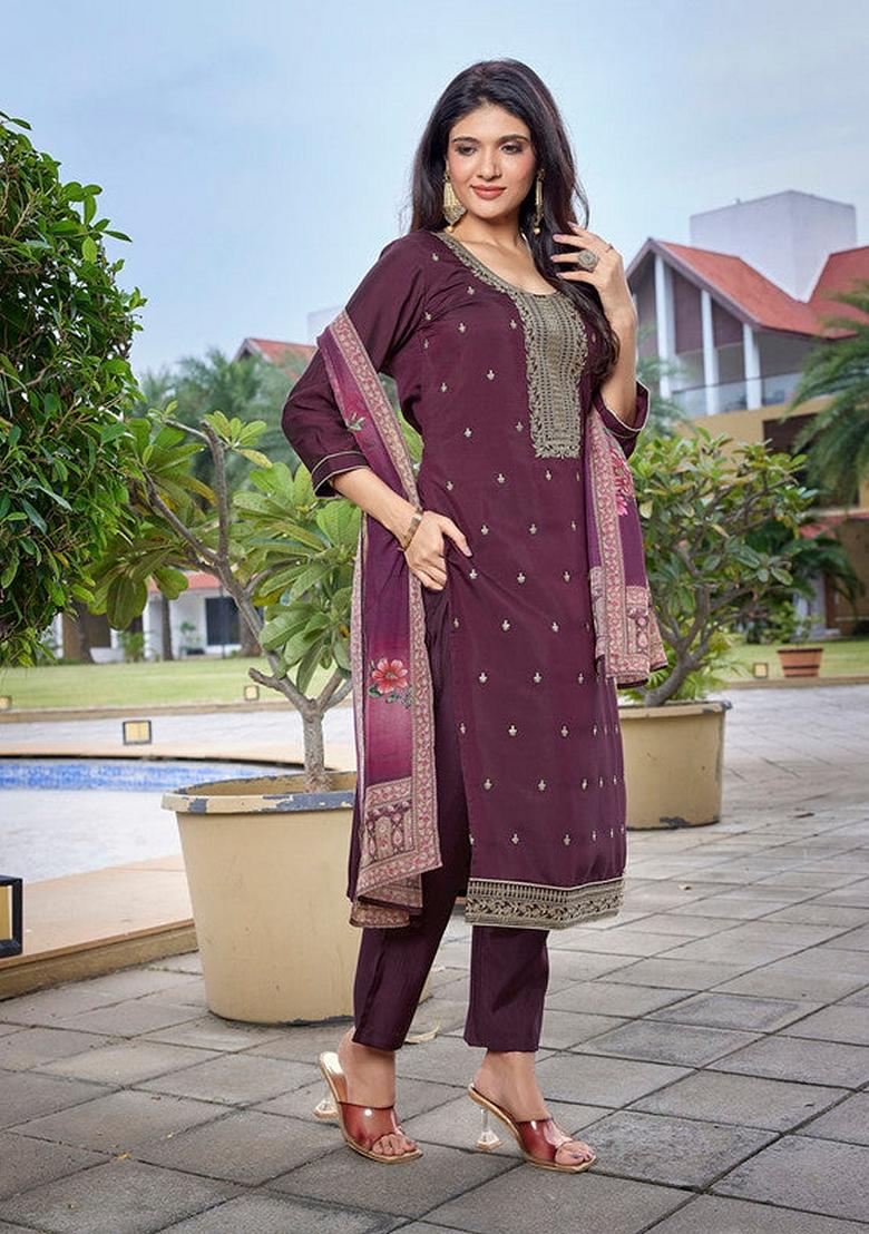 Wine Embroidered Chanderi Salwar Kameez With Dupatta