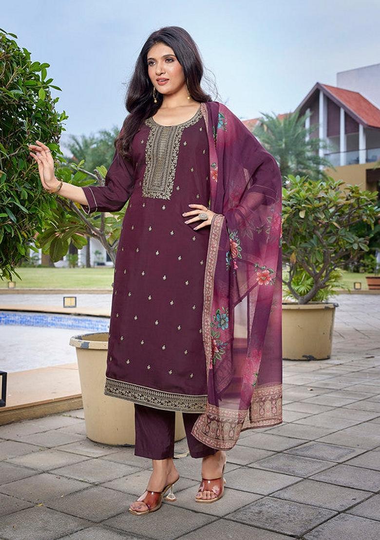 Wine Embroidered Chanderi Salwar Kameez With Dupatta