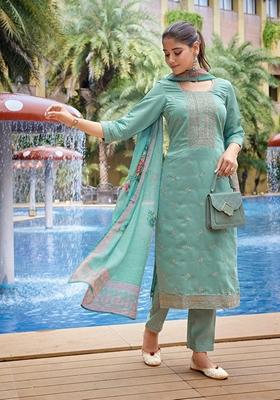 Sea Green Embroidered Chanderi Salwar Kameez With Dupatta