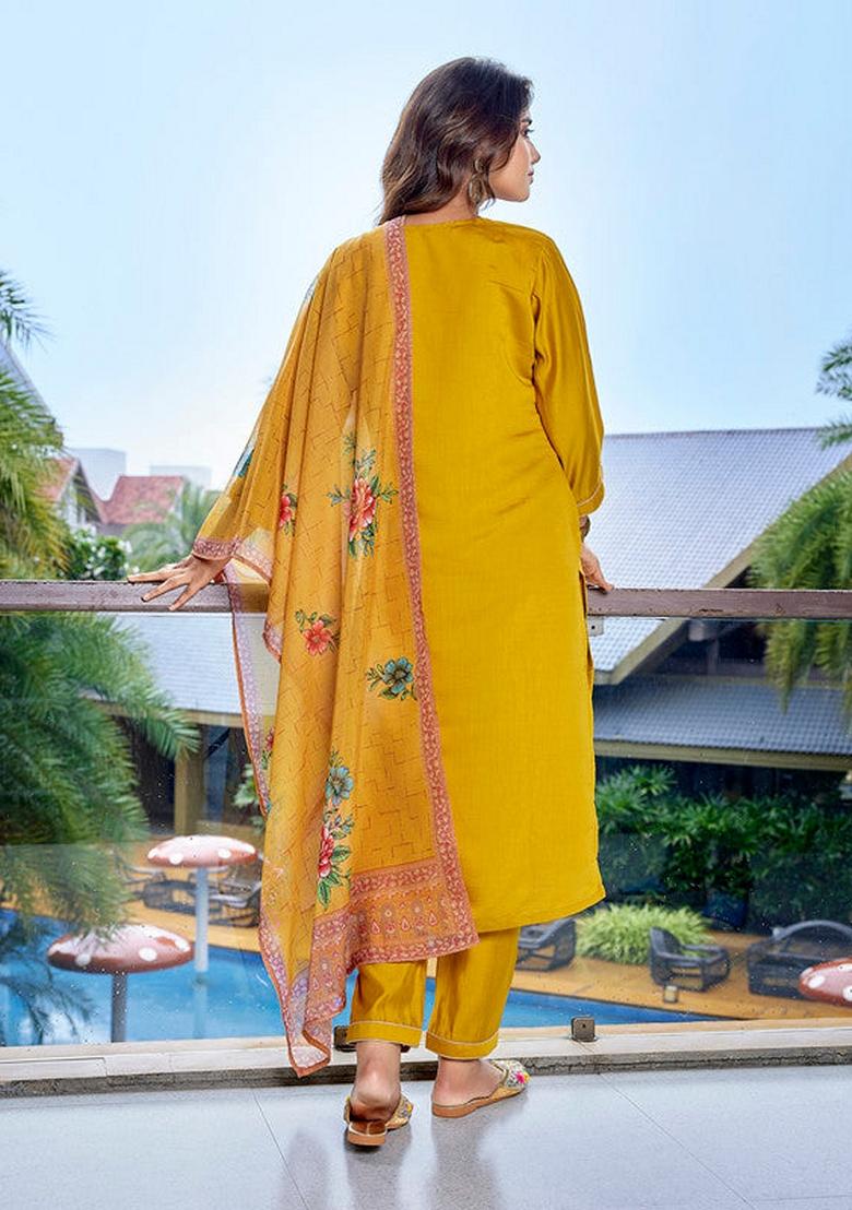 Yellow Embroidered Chanderi Salwar Kameez With Dupatta