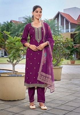 Purple Embroidered Chanderi Salwar Kameez With Dupatta