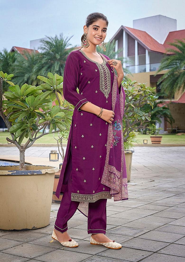 Purple Embroidered Chanderi Salwar Kameez With Dupatta