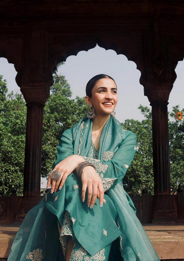 Pine Green Embroidered Chanderi Salwar Kameez With Dupatta