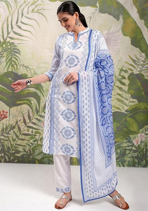 White & Blue Printed Viscose Salwar Kameez With Dupatta