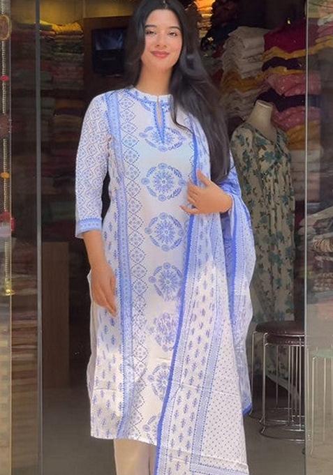 White & Blue Printed Viscose Salwar Kameez With Dupatta