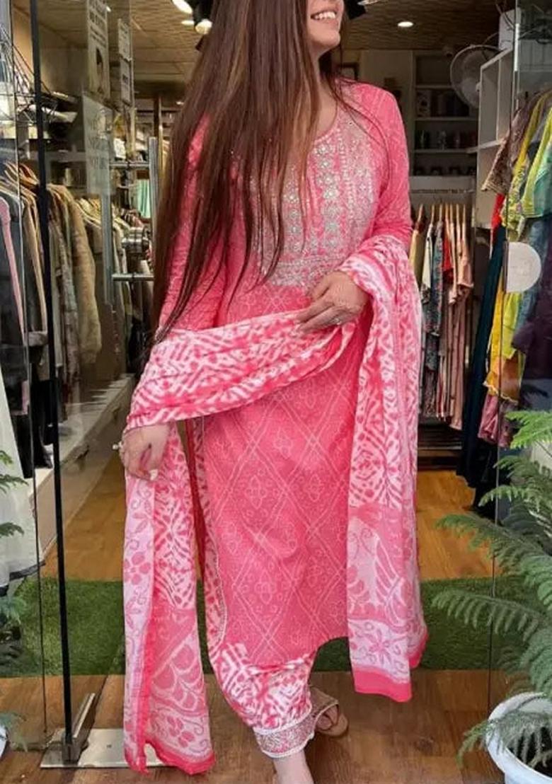 Pink Embroidered Cotton Salwar Kameez With Dupatta