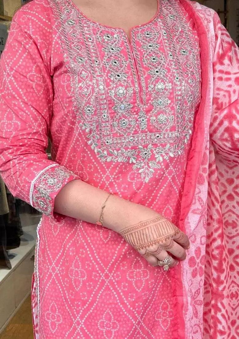 Pink Embroidered Cotton Salwar Kameez With Dupatta