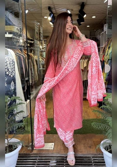 Pink Embroidered Cotton Salwar Kameez With Dupatta