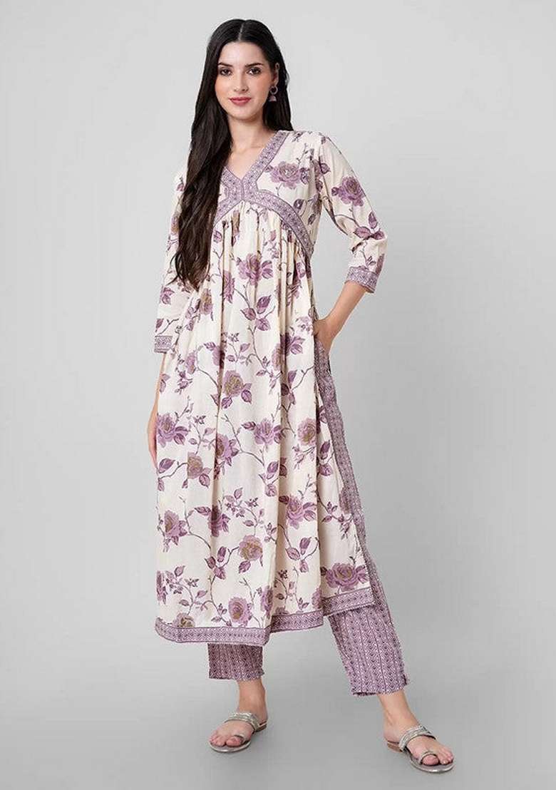 Lavender Printed Cotton Salwar Kameez With Dupatta - Indya