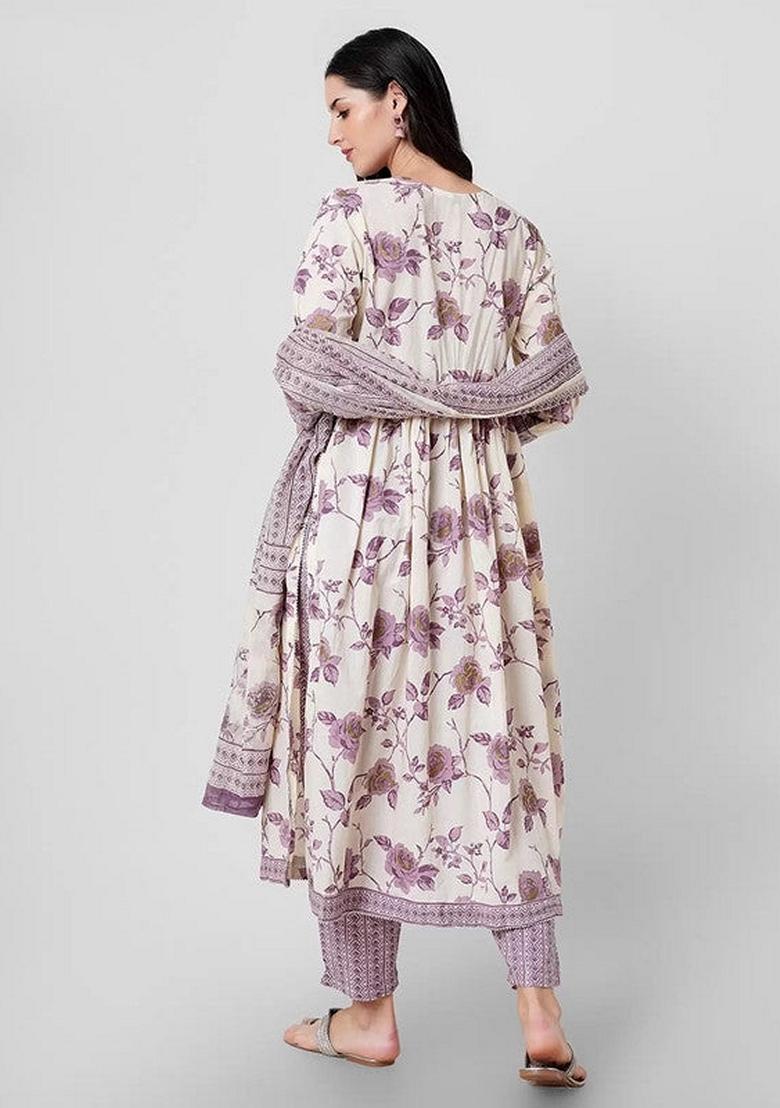 Lavender Printed Cotton Salwar Kameez With Dupatta