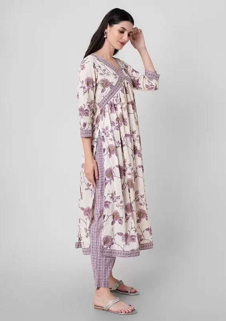 Lavender Printed Cotton Salwar Kameez With Dupatta - Indya
