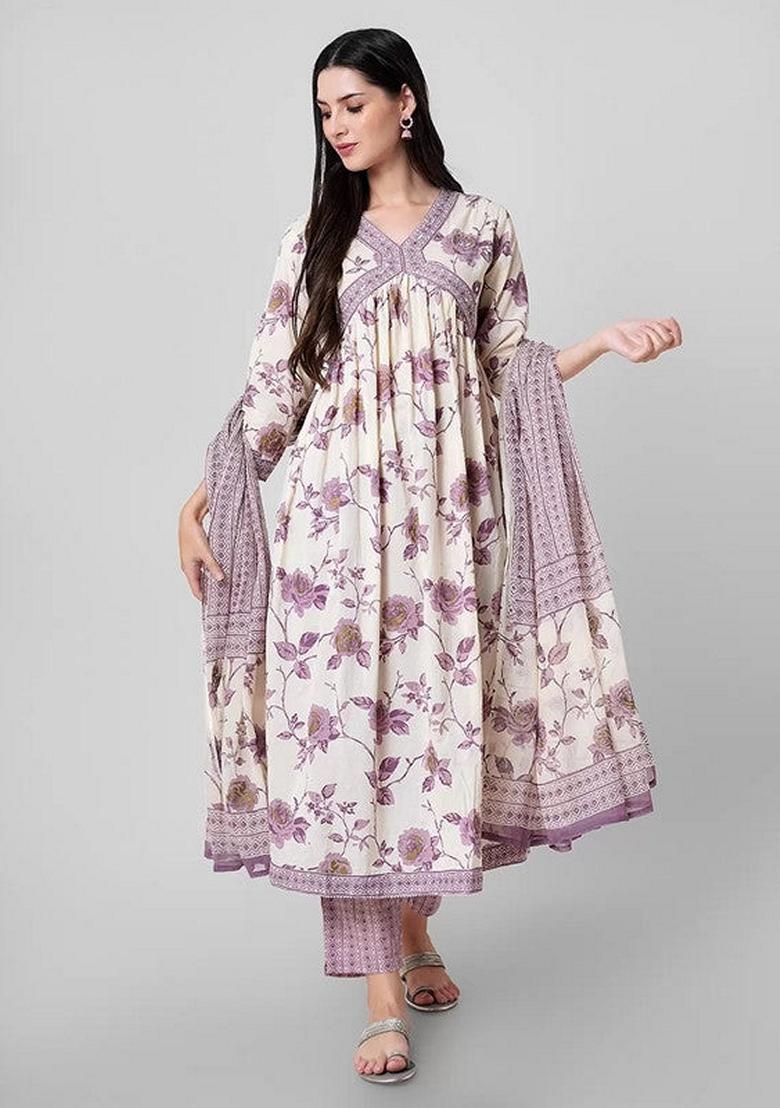 Lavender Printed Cotton Salwar Kameez With Dupatta