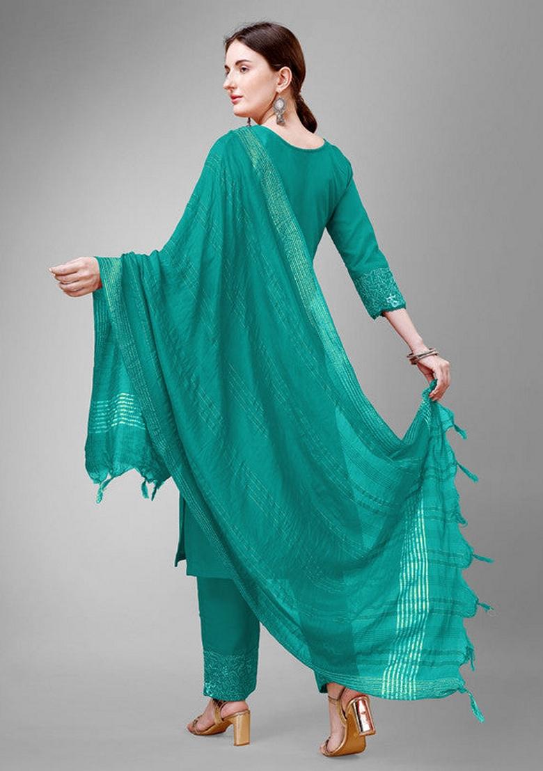 Rama Green Embroidered Cotton Blend Salwar Kameez With Dupatta