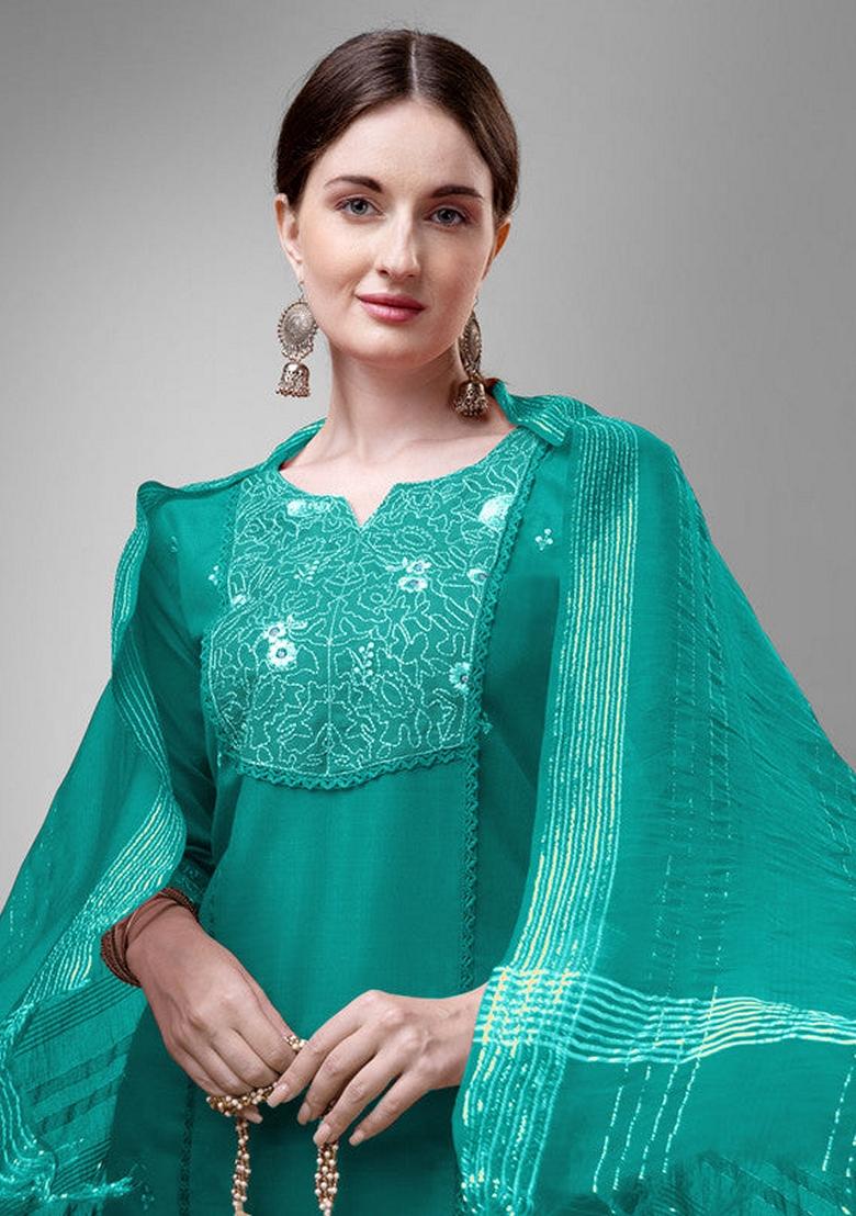 Rama Green Embroidered Cotton Blend Salwar Kameez With Dupatta