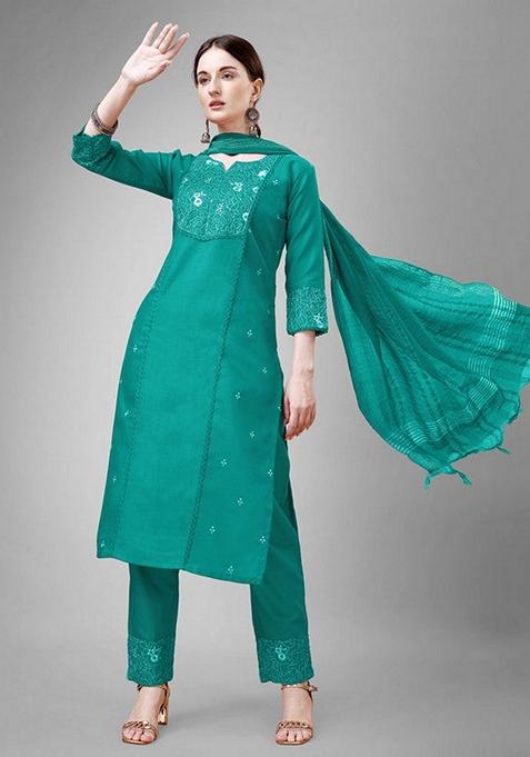 Rama Green Embroidered Cotton Blend Salwar Kameez With Dupatta