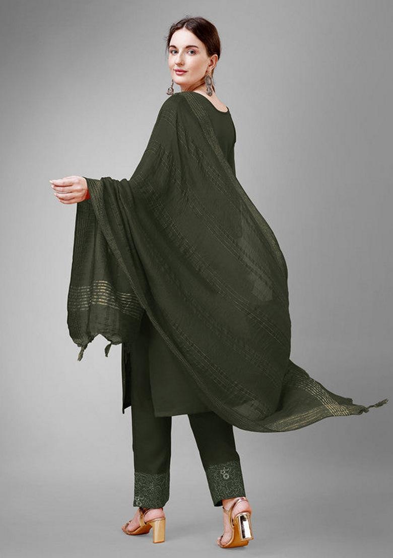 Dark Green Embroidered Cotton Blend Salwar Kameez With Dupatta