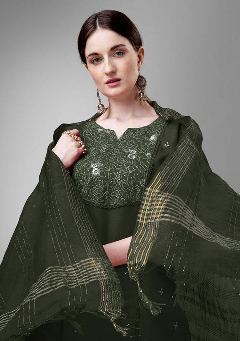 Dark Green Embroidered Cotton Blend Salwar Kameez With Dupatta