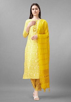 Yellow Embroidered Rayon Salwar Kameez With Dupatta