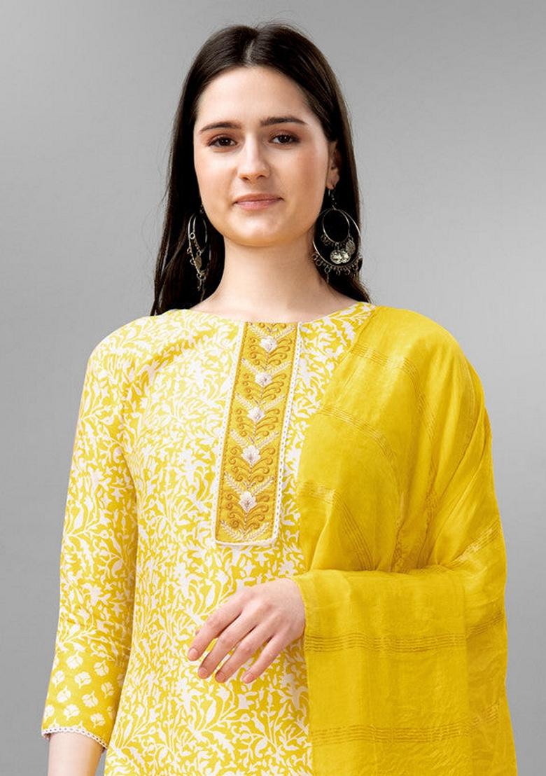 Yellow Embroidered Rayon Salwar Kameez With Dupatta