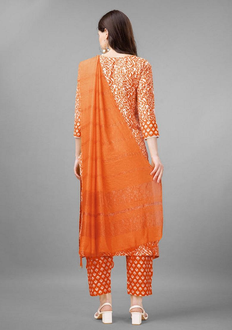 Orange Embroidered Rayon Salwar Kameez With Dupatta