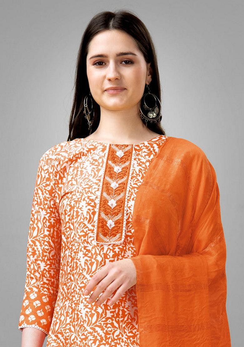 Orange Embroidered Rayon Salwar Kameez With Dupatta