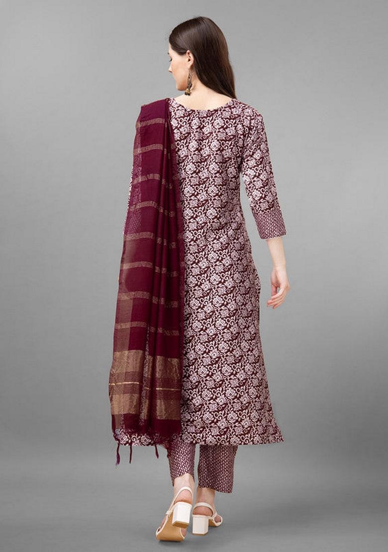 Maroon Embroidered Rayon Salwar Kameez With Dupatta
