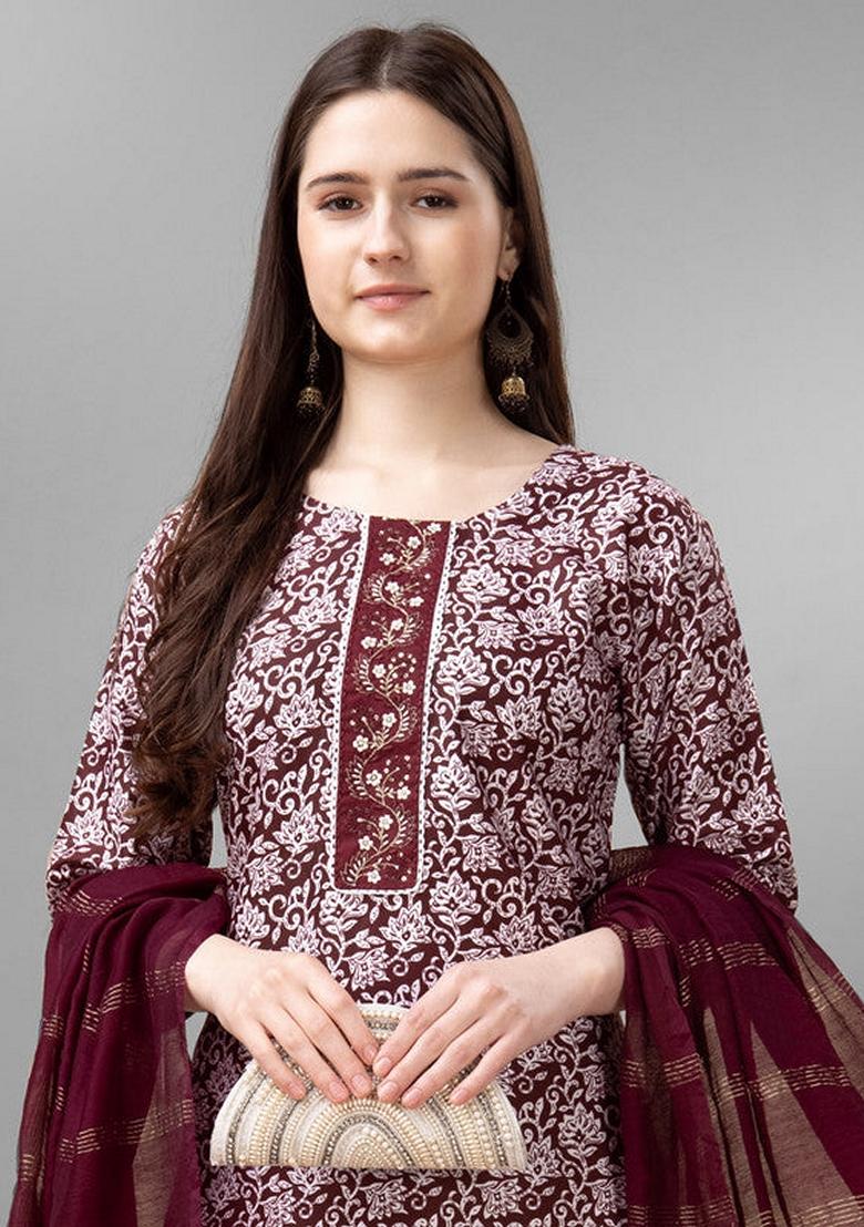 Maroon Embroidered Rayon Salwar Kameez With Dupatta