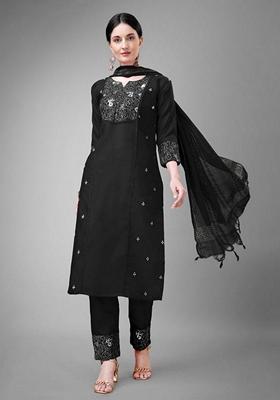 Black Embroidered Cotton Blend Salwar Kameez With Dupatta