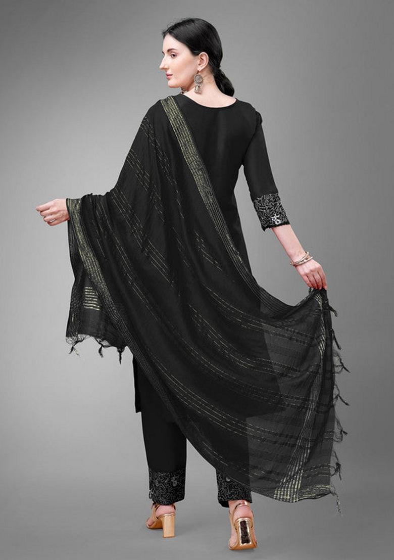 Black Embroidered Cotton Blend Salwar Kameez With Dupatta